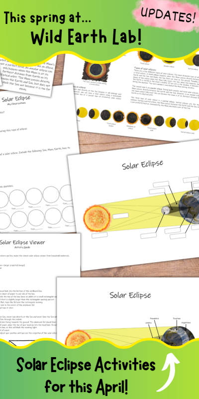 A banner that says "this spring at willd earth lab solar eclipse activities for this april"