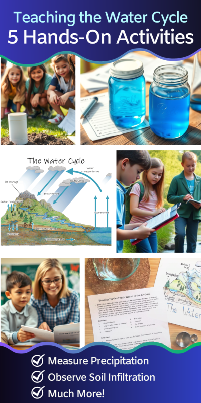 Grid of 6 pictures showing kids working on water cycle activities outside and in the classroom